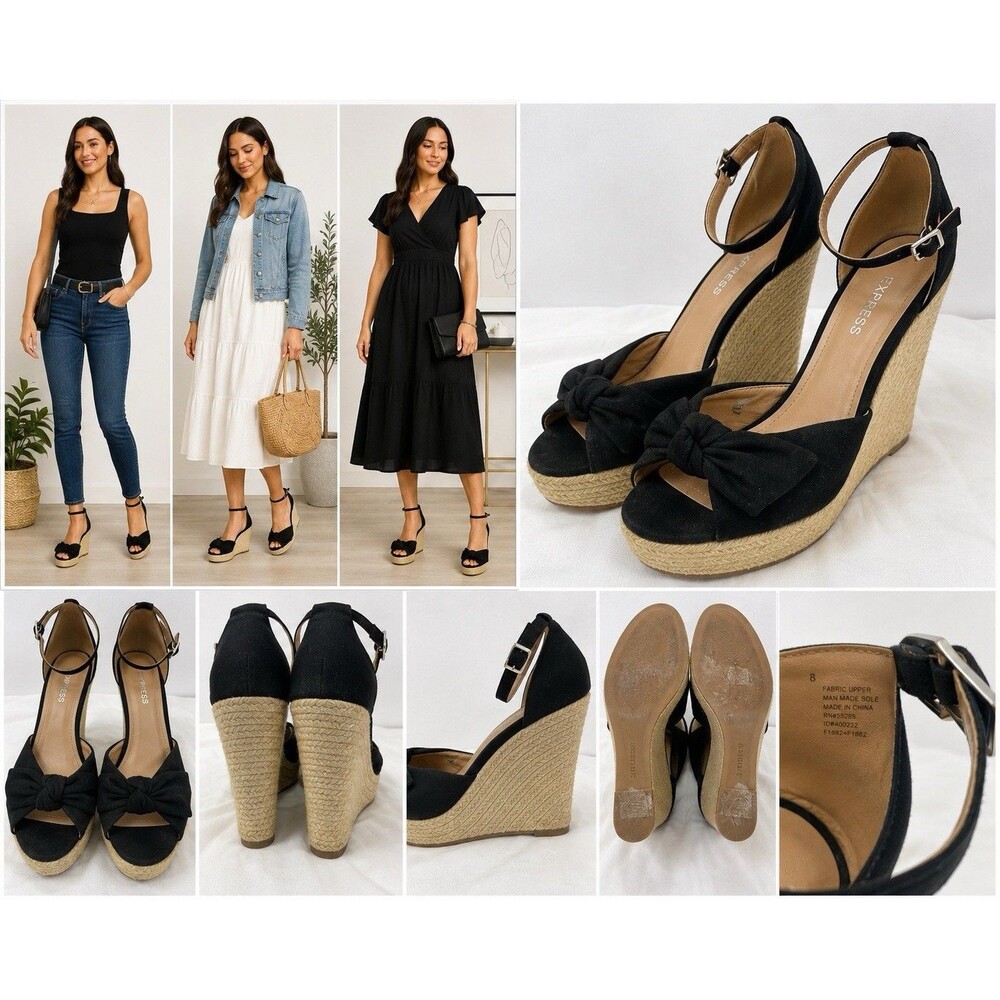 Express Platform Wedge Ankle Wrap Strappy Sandals Strap Bow Open Toe Size 8
